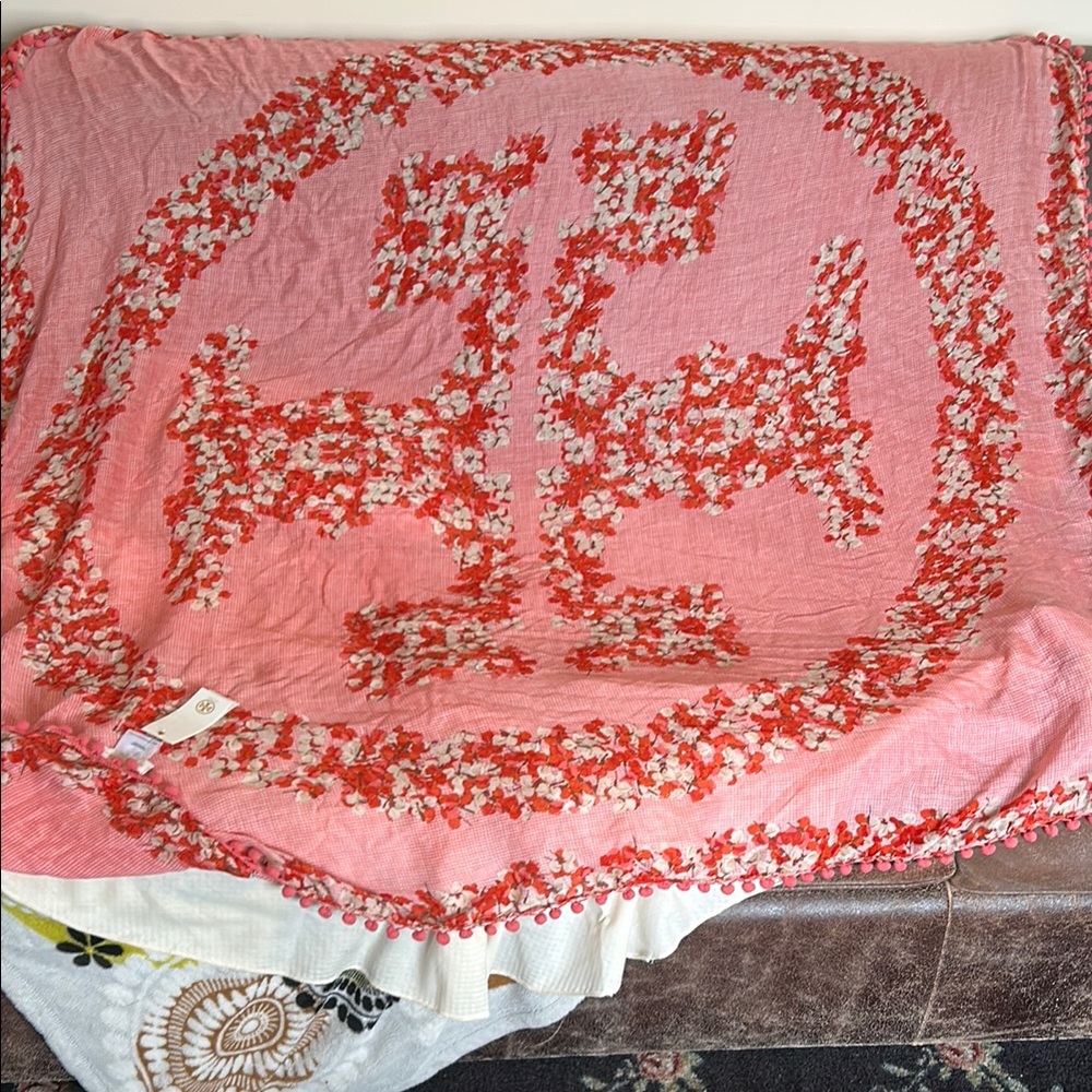 NWT Designer Tory Burch Coral, Red, and Cream Logo Square Scarf (wrap or sarong)